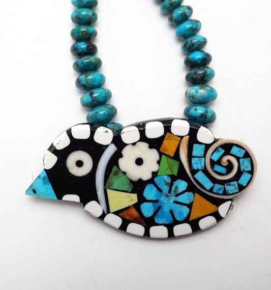 Mary Tafoya rolled turquoise bird necklace