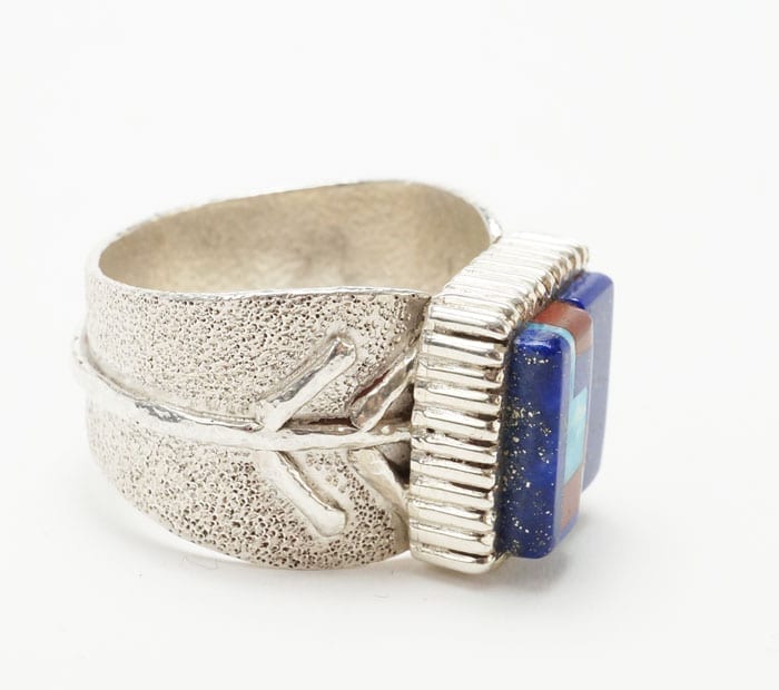 Cast Silver Turquoise Lapis Lazuli Maine Jasper Decontie & Brown Inlaid Corn Ring (Wabanaki/Penobscot)