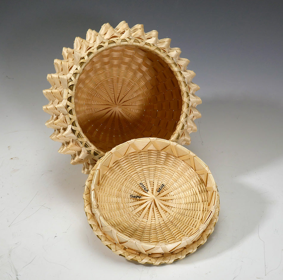 Eric Otter Bacon Passamaquoddy Ash Sweetgrass and Birch Bark Curl Basket