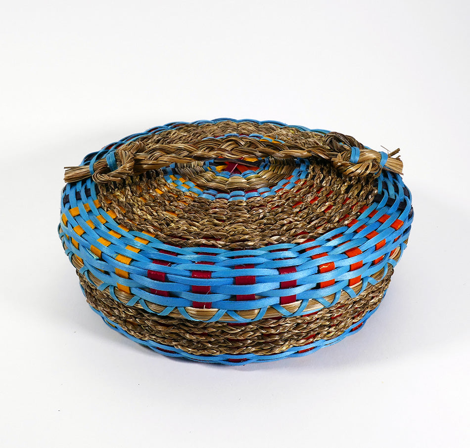 Gal Frey Round Colorful Passamaquoddy Basket Wabanaki