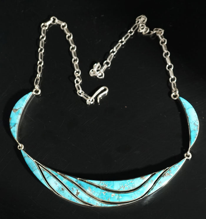 Earl Plummer sterling silver turquoise inlay wave necklace