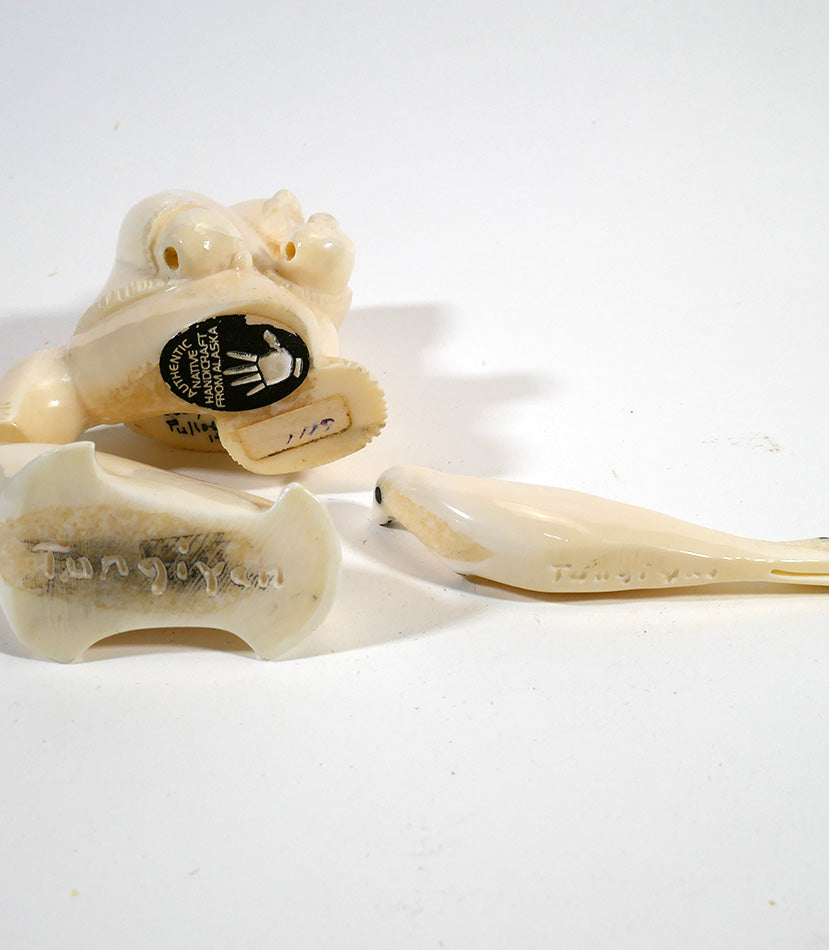 Alaskan Inuit/Eskimo Art Hunter with Two Seals Carved from Walrus Tusk