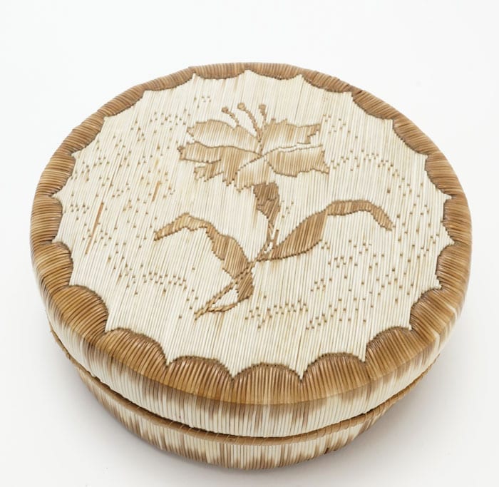 Anishinaabe quilled birch bark basket