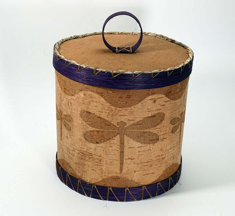 Maliseet Artist Aron Griffith Birch Bark Basket Dragonfly with Purple