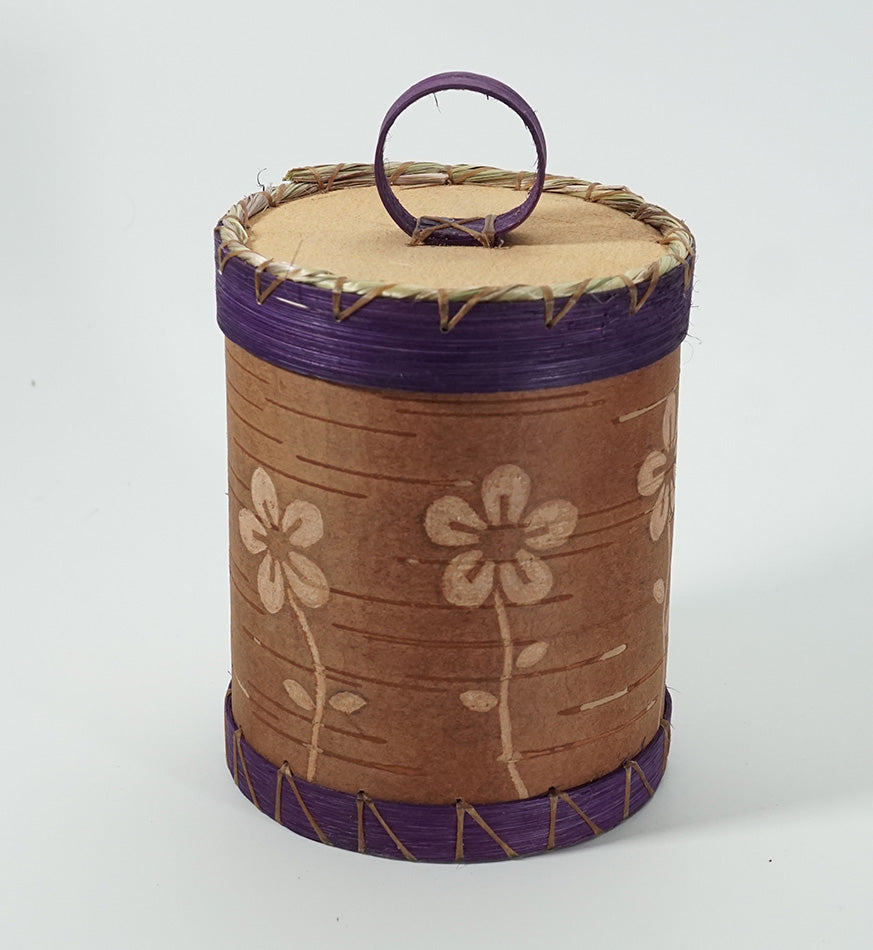 Maliseet Artist Aron Griffith Small Floral Birch Bark Basket with Purple