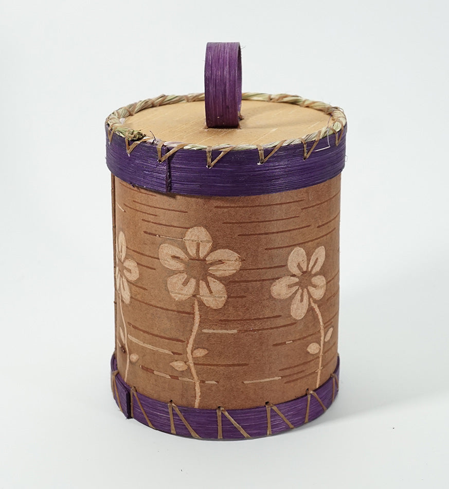 Maliseet Artist Aron Griffith Small Floral Birch Bark Basket with Purple