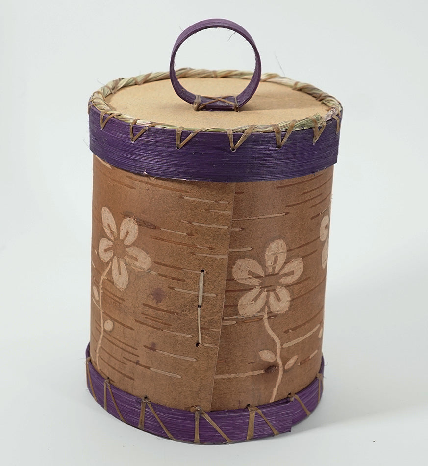 Maliseet Artist Aron Griffith Small Floral Birch Bark Basket with Purple