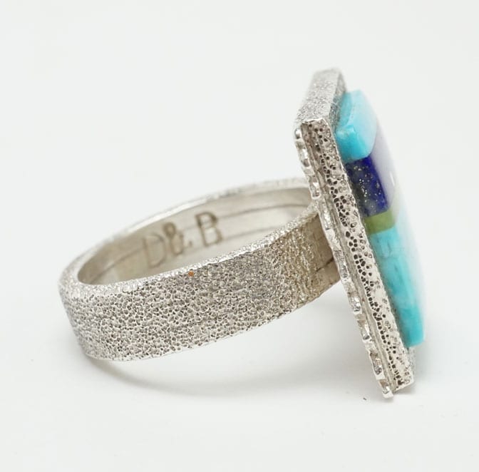 Argentium Silver Turquoise Decontie & Brown Square Top Inlaid Ring (Penobscot/Wabanaki)