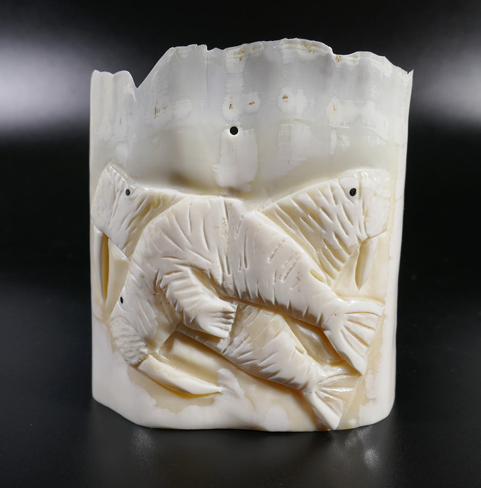 Ivory Bas Relief Walrus Carving Eskimo Art Dennis Pungowiyi