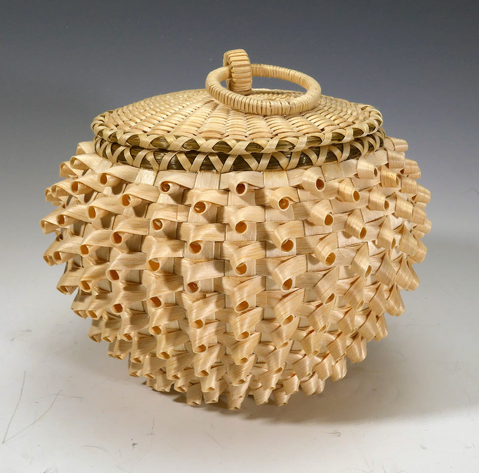 Eric Otter Bacon Passamaquoddy Ash Sweetgrass and Birch Bark Curl Basket