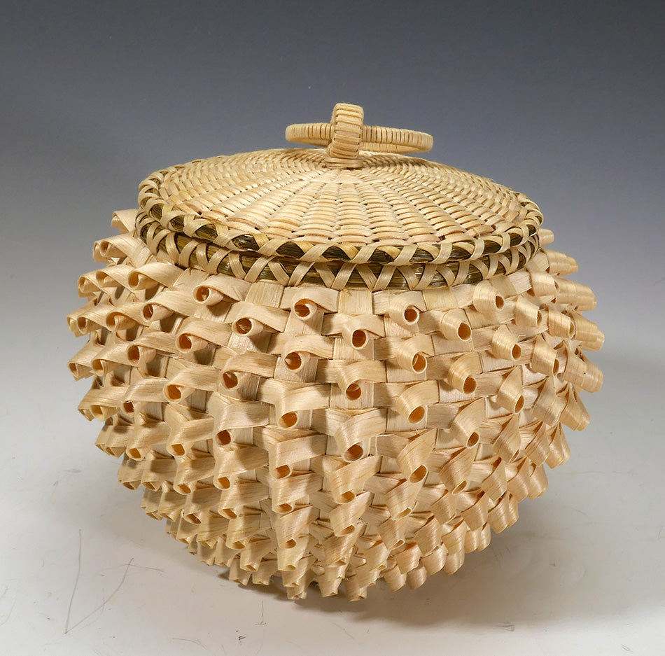 Eric Otter Bacon Passamaquoddy Ash Sweetgrass and Birch Bark Curl Basket
