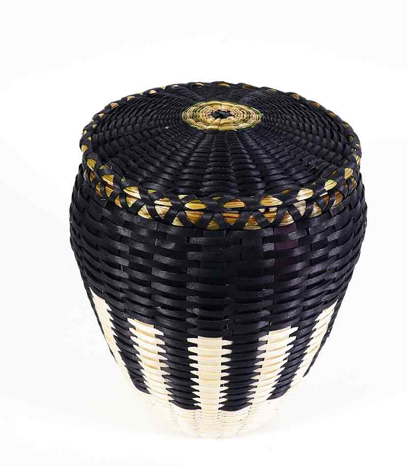Eric Otter Bacon Passamaquoddy Ash Sweetgrass Black and White Basket Wabanaki