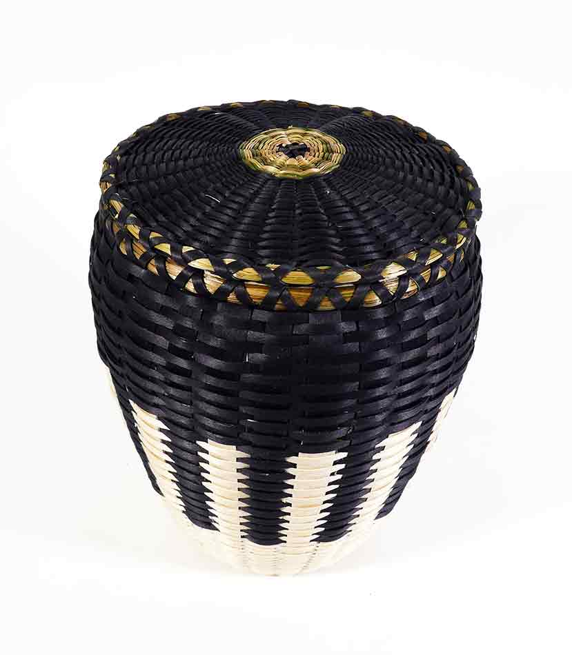 Eric Otter Bacon Passamaquoddy Ash Sweetgrass Black and White Basket Wabanaki