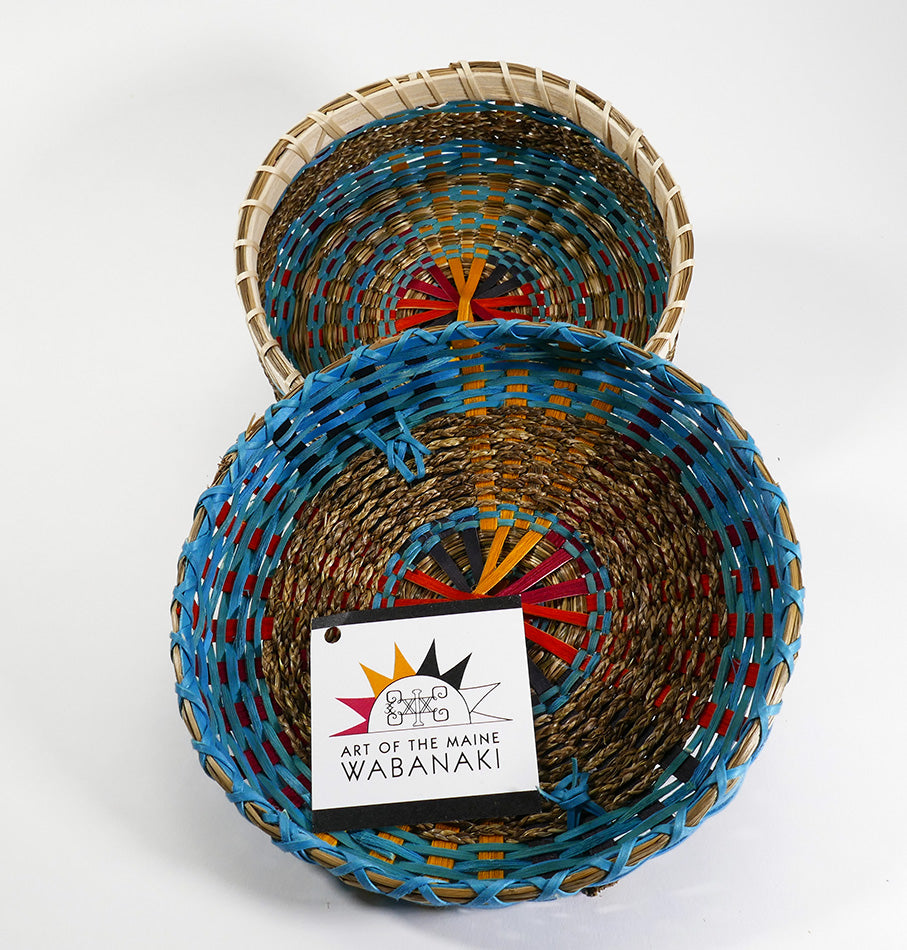 Gal Frey Round Colorful Passamaquoddy Basket Wabanaki
