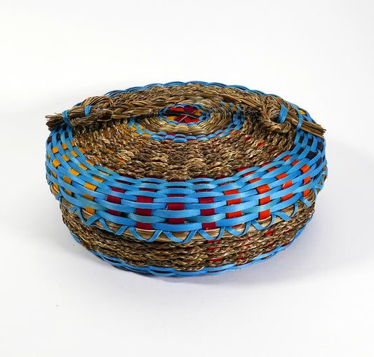 Gal Frey Round Colorful Passamaquoddy Basket Wabanaki