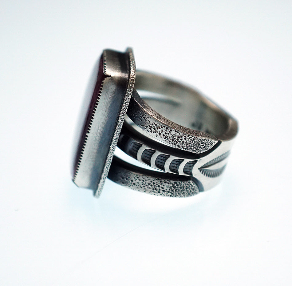 Jacob D. Morgan Sterling Silver Ring with Purple Spiny Oyster Shell Cabochon Navajo Artist