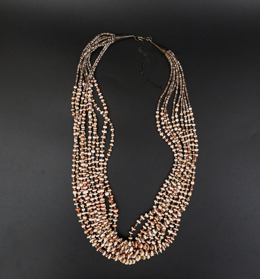 10-strand spiny oyster shell necklace with orange beads and olive shell heishi spacers, Kewa Santo Domingo, adjustable