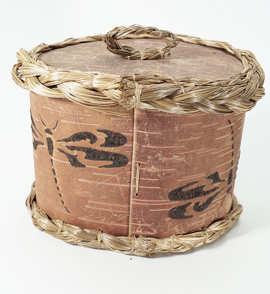 Maliseet Artist Aron Griffith Oval Covered Birch Bark Basket Dragonflies Wabanaki