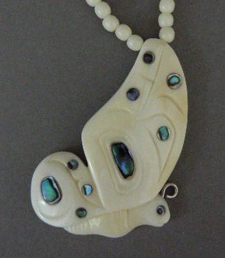 Nakwesee Butterfly Necklace 2in Pendant Fossil Walrus Tusk Abalone