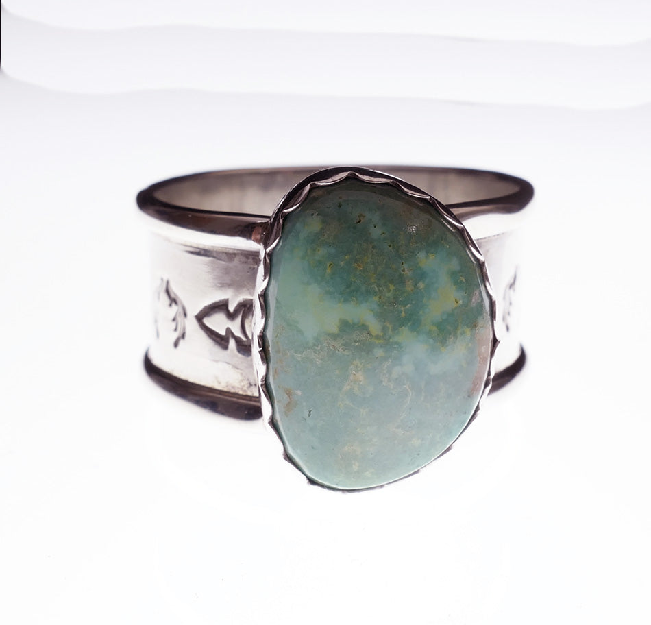 Navajo Jewelry Wide Band Sterling Silver Green Turquoise Ring (c) Franklin Curtis Crowther