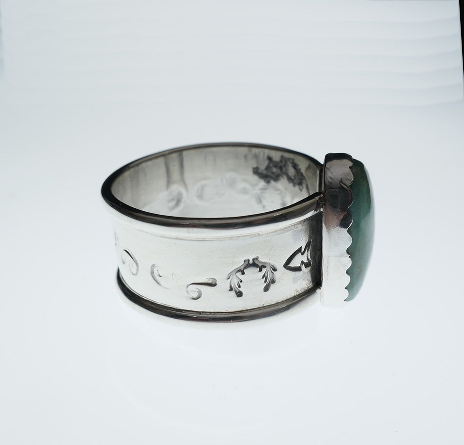 Navajo Jewelry Wide Band Sterling Silver Green Turquoise Ring Franklin Curtis Crowther