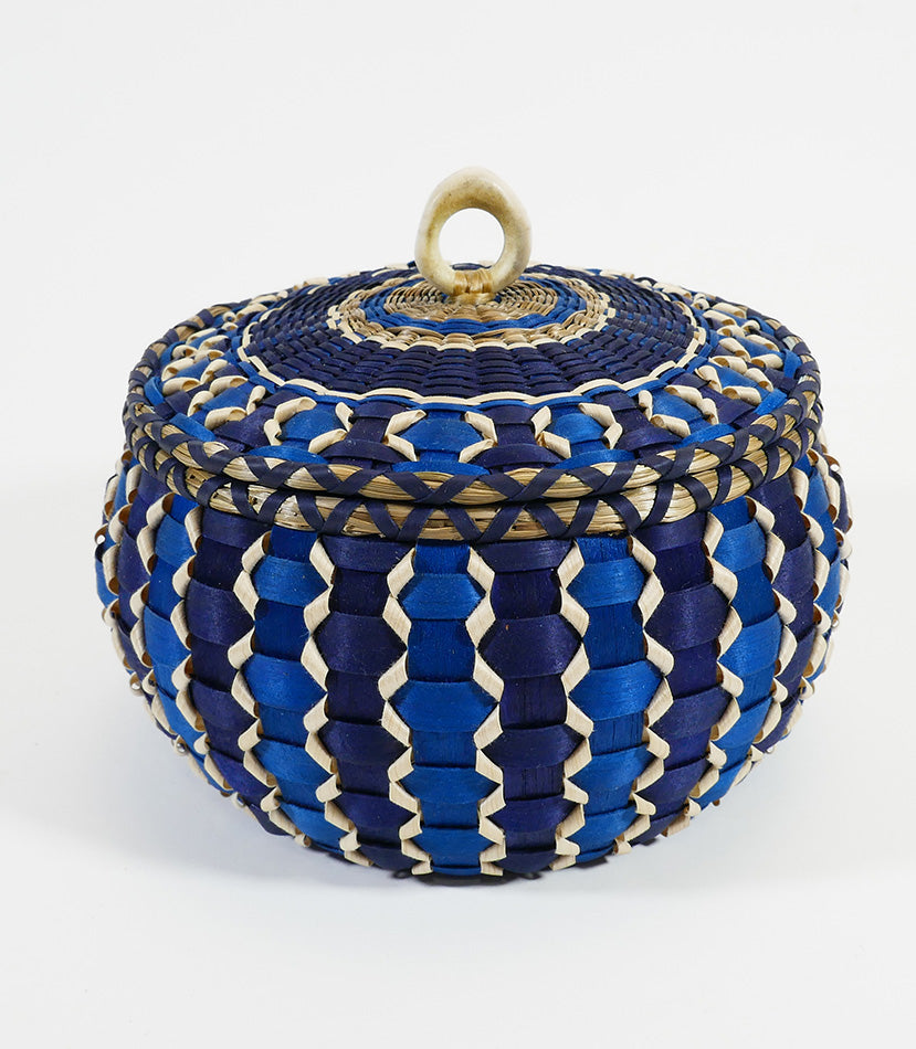 Sarah Sockbeson Penobscot Wabanaki Two-tone Blue Basket with Ribbon Curls