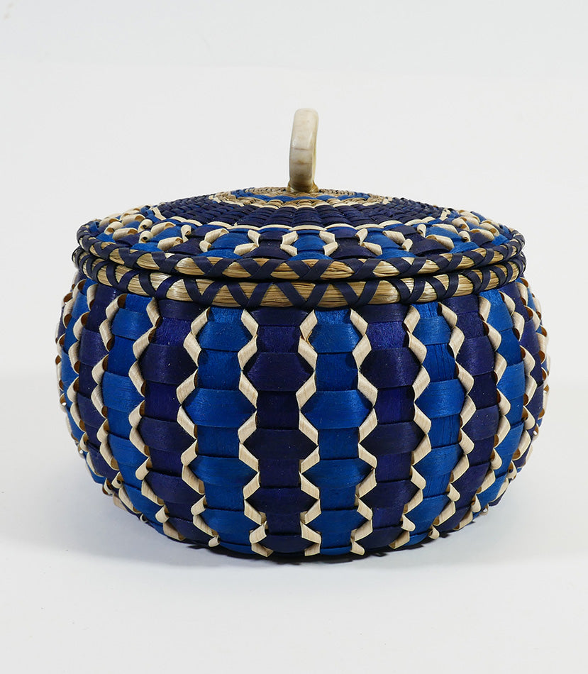 Sarah Sockbeson Penobscot Wabanaki Two-tone Blue Basket with Ribbon Curls