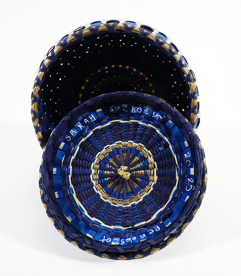 Sarah Sockbeson Penobscot Wabanaki Two-tone Blue Basket with Ribbon Curls