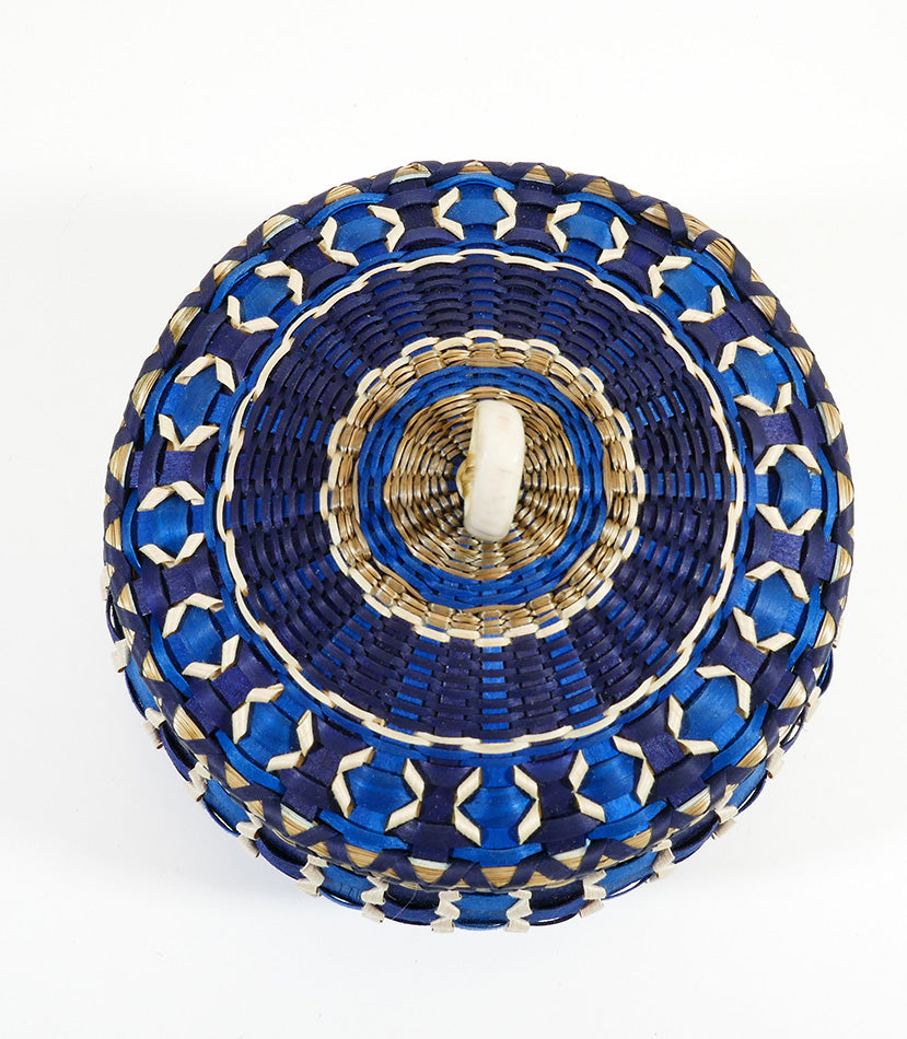 Sarah Sockbeson Penobscot Wabanaki Two-tone Blue Basket with Ribbon Curls